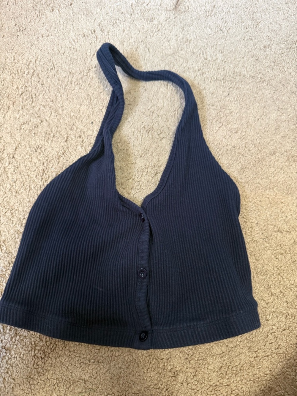 Adika Navy Ribbed Halter Button Crop Top